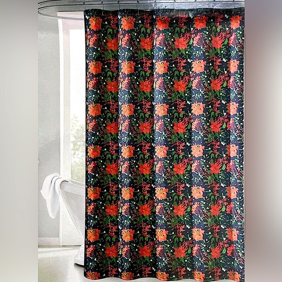 Christmas Shower Curtain Holiday Poinsettias Fabric Classic Navy Blue 70x72 In - Picture 10 of 16